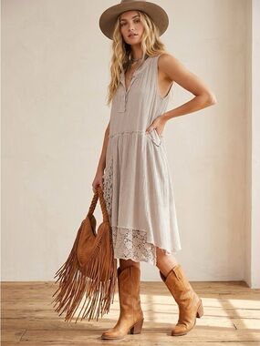 PAPER LACE Beige Lace Trim Slip Dress Size S Small Oversized Boho